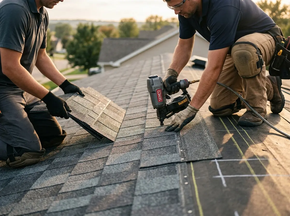 Professional roofer working on a residential roof in Calabasas